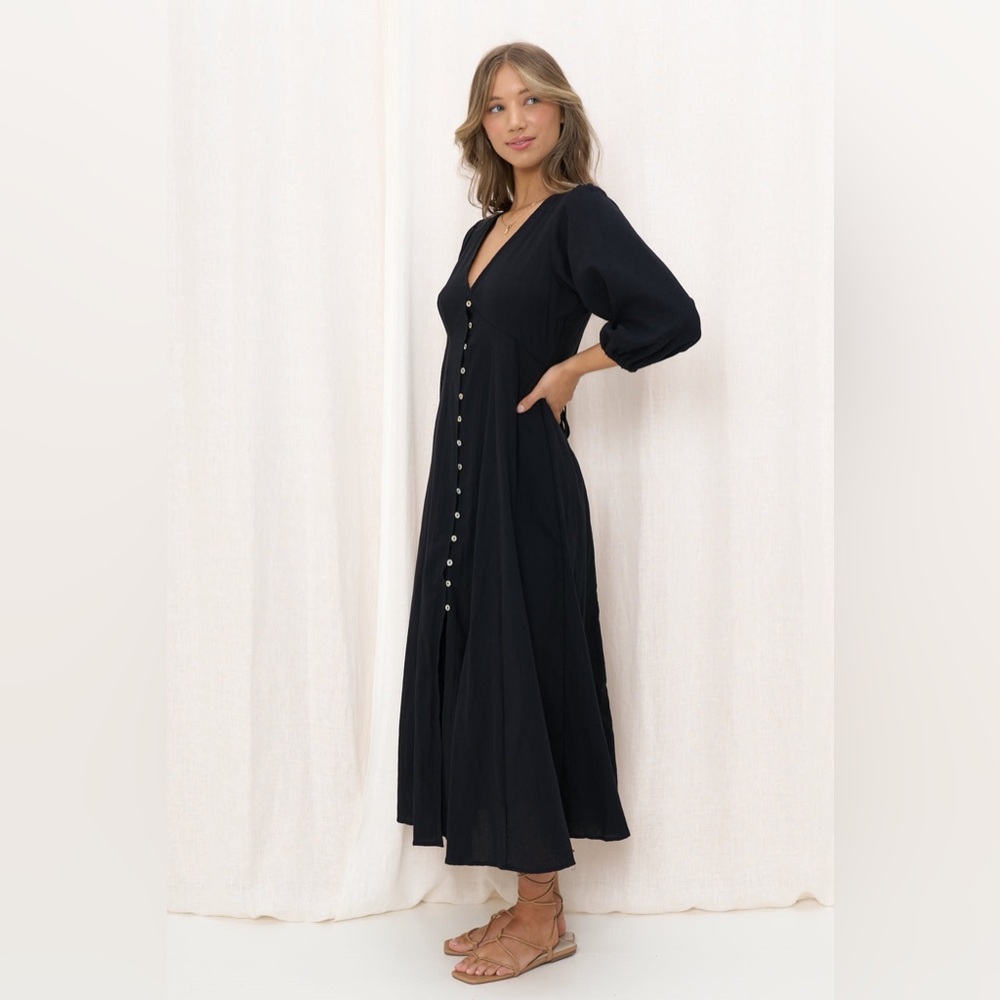 Iris Maxi Melina L/S Dress Black Size 8 Button Front V Neck Puff Sleeves - Picture 4 of 13